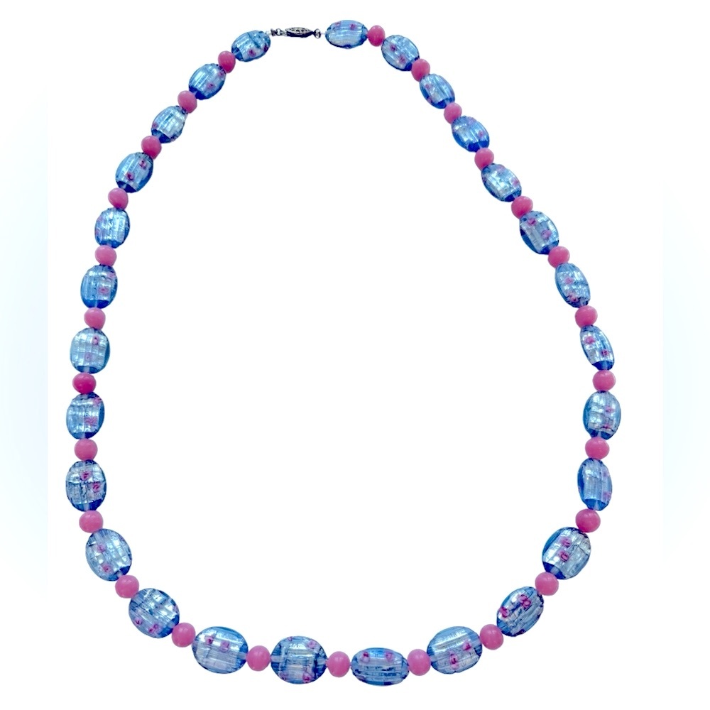Rare vintage Venetian glass bead necklace in cornflower blue and pink. EUC